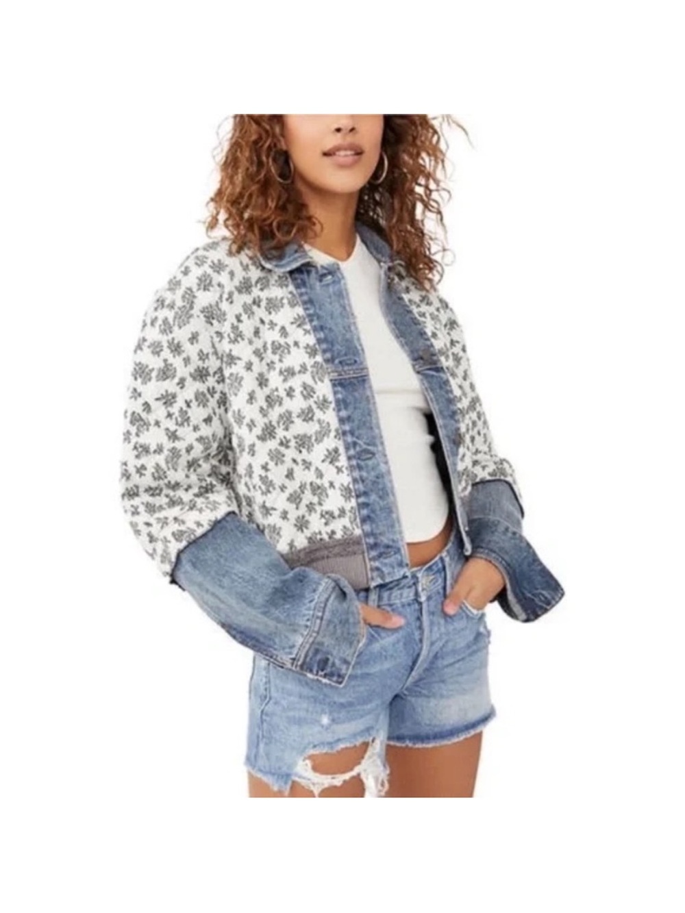 Free People Ditsy Floral Print Denim and Quilted jacket